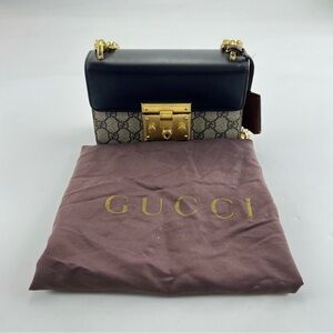Gucci Black Leather & GG Canvas Small Crossbody Bag with Gold Hardware